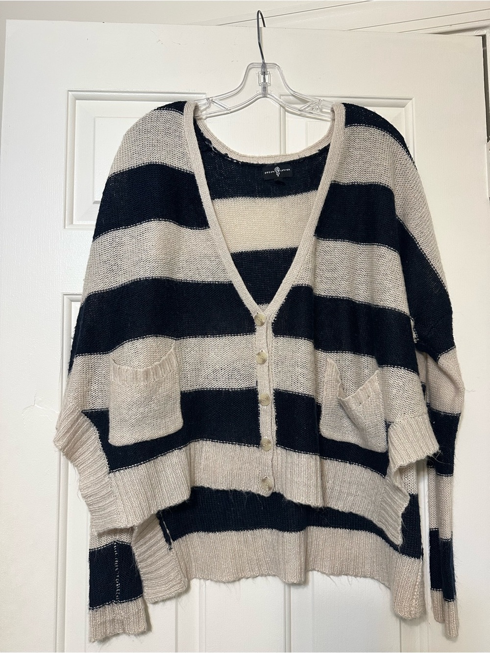 Oversized Striped V-Neck Button Cardigan Sweater - Navy & Cream